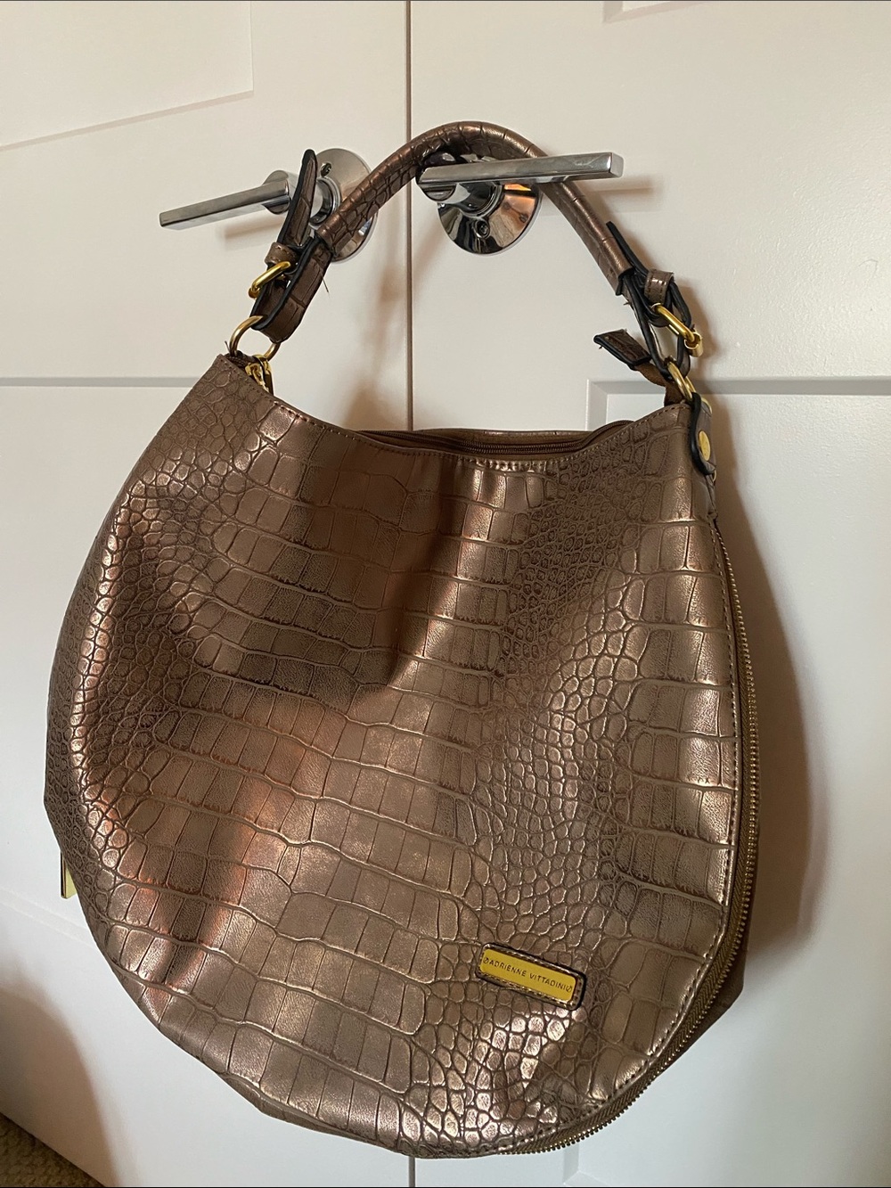 Adrienne Vittadini Bronze Croc-Embossed Hobo Bag w/gold hardware